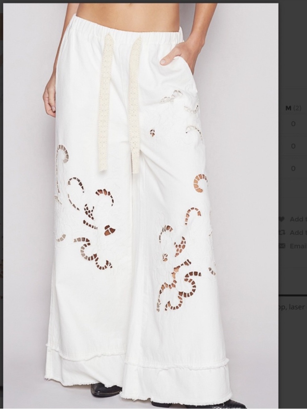 POL White Wide-Leg Pants S - Elastic Waist Drawstring Embroidered